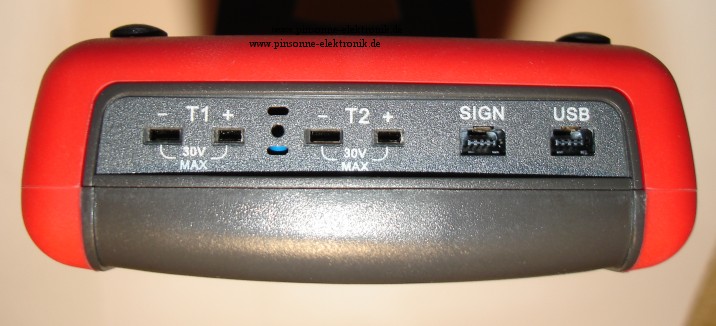 Uni-T UT325 die Anschlsse Sensor T1 Sensor T2 und Mini USB