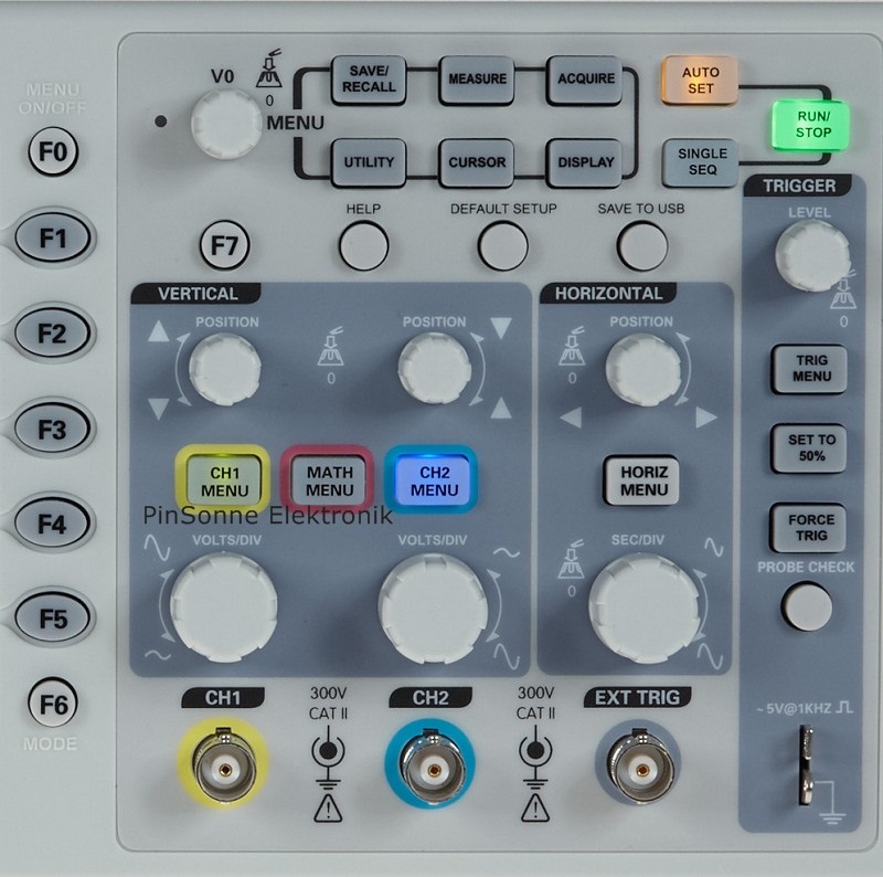 das Hantek DSO5062B, DSO1102B, DSO1202B Bedienfeld mit Tasten und Drehgebern, erklrt von pinsonne-elektronik.de