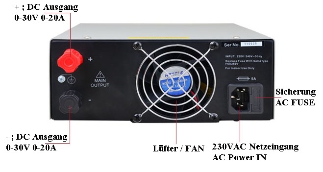 OJE PS3020 0-30V 0-20A 600Watt Labor Schaltnetzteil Rckseitemansicht, mit 0-20A Strom Hauptausgang, Schraubanschlsse