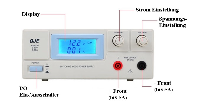 OJE PS3020 0-30V 0-20A 600Watt einstellbares Labor Schaltnetzteil, leicht, Ansicht von vorn mit Erklrung der Bedienelemente