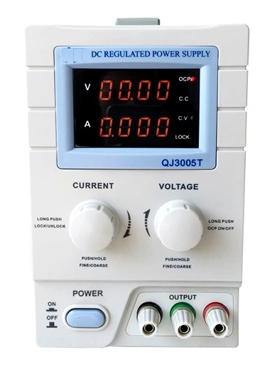 OJE QJ3005T 0-30V 0-5A dc regulated power supply front and side view