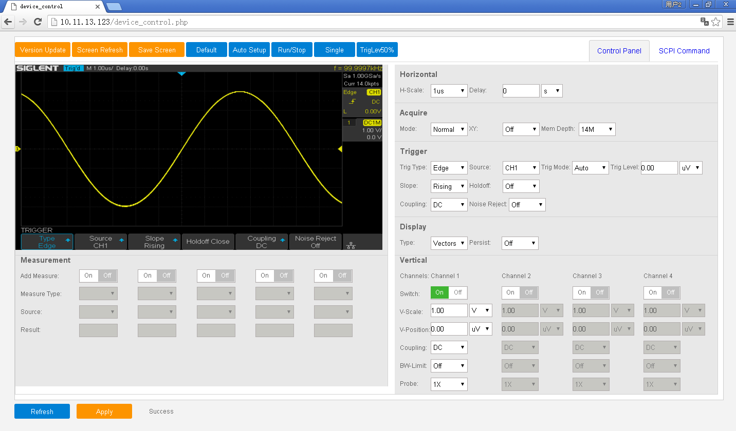 Webinferface, Browseroberflche Siglent SDS1104X-E, SDS1204X-E 200MHz 4CH Digital Speicher Oszilloskop 1GSA 14Mpoints 100.000wrfms seq. Speicher 