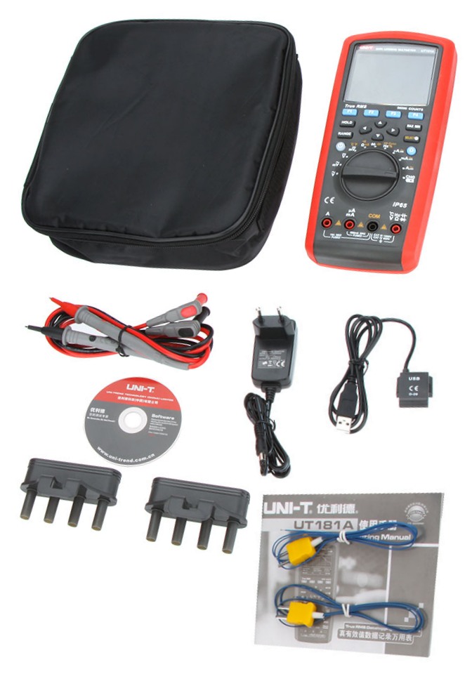 uni-t ut181a mit allen Kabeln, Handbuch, Tasche, Temperatursensoren, USB Interfacekabel, Steckernetzteil, Mess Aufsteckadaptern