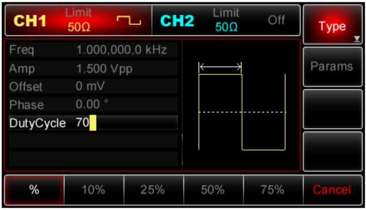 Die Bedienung, Eingabe Tastverhltnis bei Rechteck, Spannung Offset Phase vom Uni-T UTG2062A 60MHz und UTG2025A 25MHz 2CH DDS Arbitary Funktions Generator erklrt