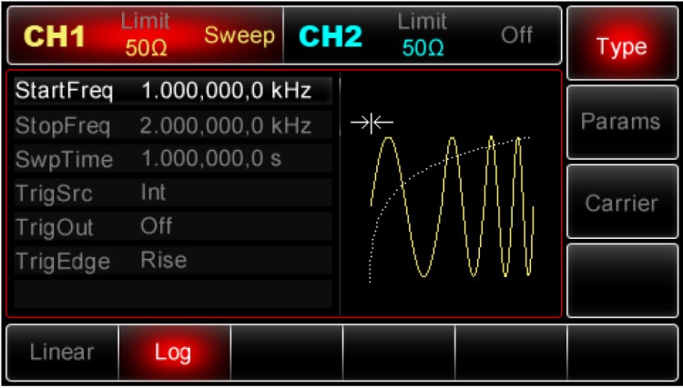 Die Bedienung, Eingabe Signal Sweep linear oder logaritmisch vom Uni-T UTG2062A 60MHz und UTG2025A 25MHz 2CH DDS Arbitary Funktions Generator erklrt