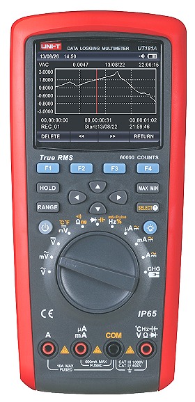 100kHz TRMS Grafikmultimeter mit USB, 2 Kanal Temperaturmessung, Statistik, Limittest, großer Li Accu Präzisions Logging Multimeter UNI-T UT181A USB I/O
