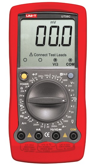 Uni-T UT58C großes kontraststarkes Display zeigt Anschlussbelegung 2000Counts Strom bis 20A Temperatur Kapazität Frequenz Transistor UNI-T UT58C 3 1/2 Stellen Digital Multimeter sehr genau preiswert !